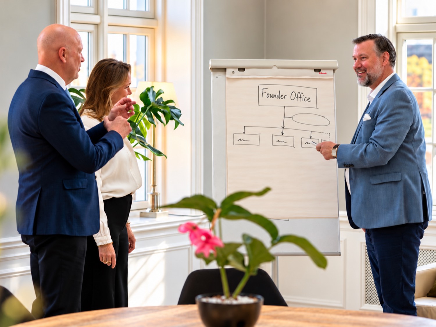 Dennis Jensen i samtale med to Founders foran en flipover